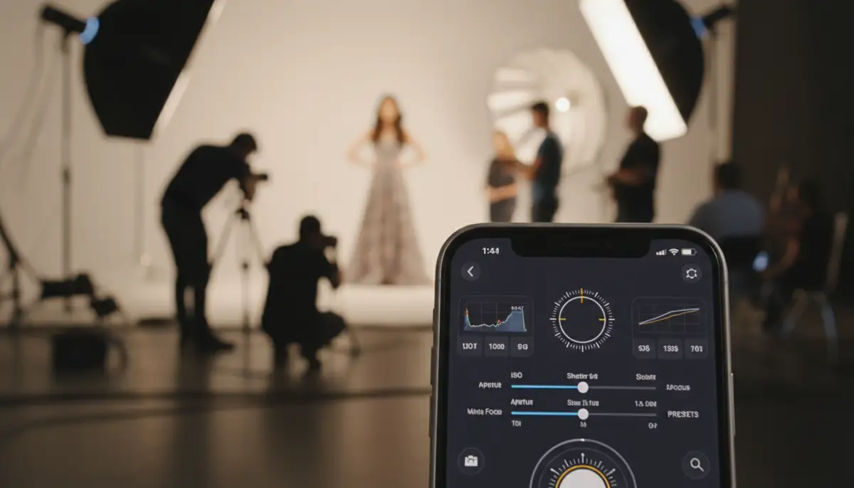 A smartphone screen displaying advanced camera controls, with a blurred background of a professional photo shoot., high-quality photography, professional lighting, sharp focus, realistic, detailed