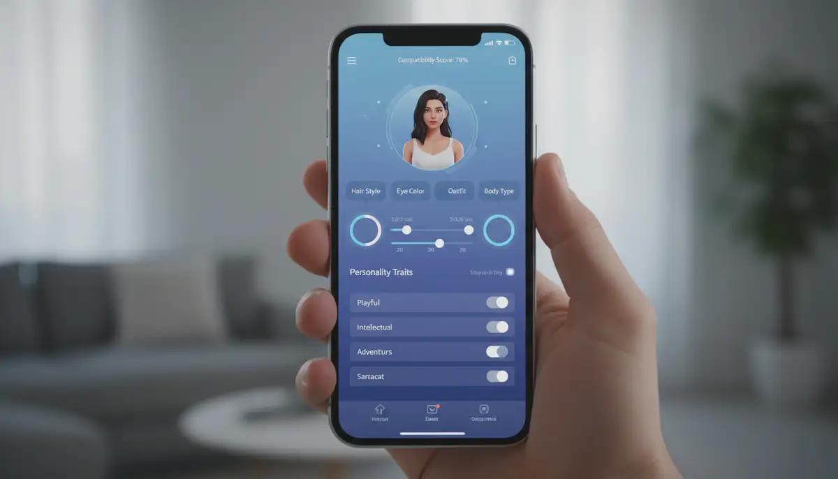 A smartphone screen displaying an AI girlfriend app interface with various customization options for avatar appearance and personality traits., high-quality photography, professional lighting, sharp focus, realistic, detailed