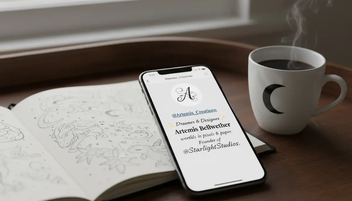 A smartphone screen displaying an Instagram profile bio with elegantly styled custom fonts, next to a notebook with design sketches and a coffee cup., high-quality photography, professional lighting, sharp focus, realistic, detailed