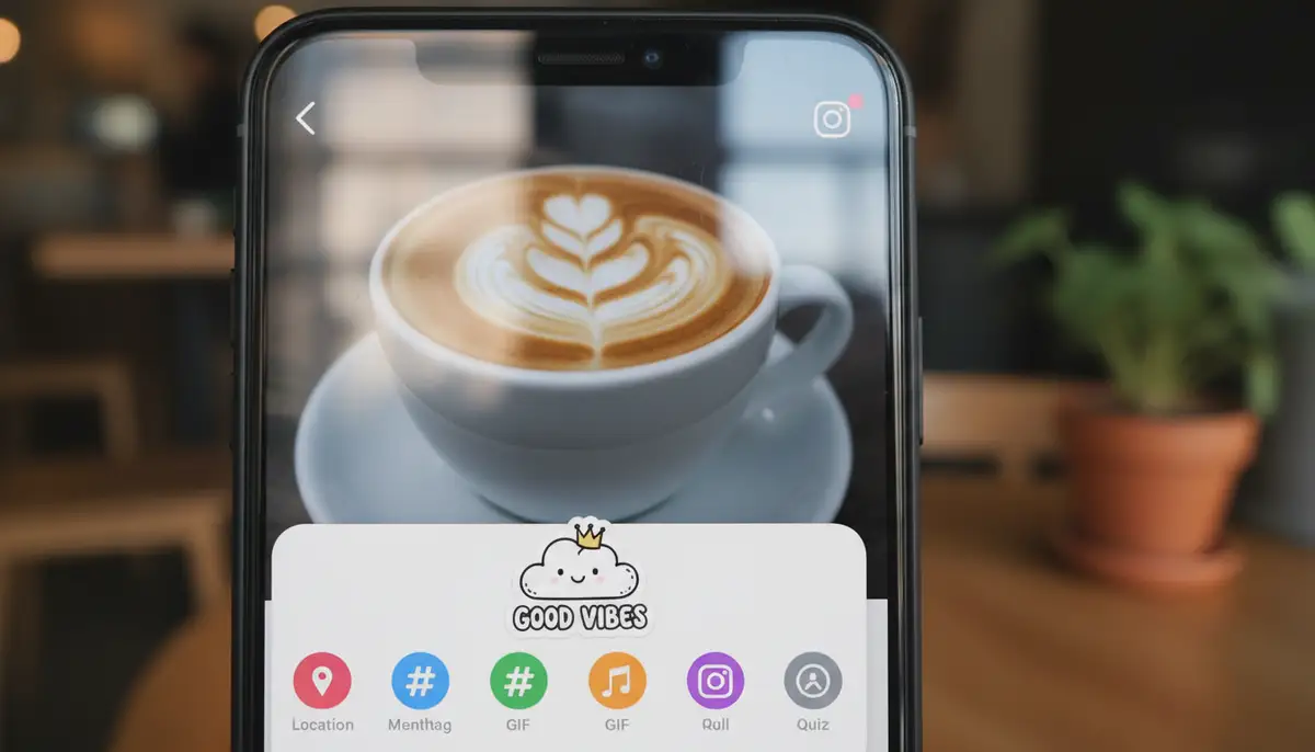A smartphone screen displaying the Instagram sticker selection menu, with a custom-created sticker prominently visible among the options., high-quality photography, professional lighting, sharp focus, realistic, detailed