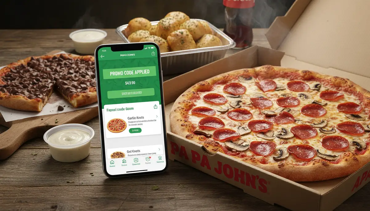 A smartphone screen displaying the Papa John's app with a 'promo code applied' notification, next to a delicious-looking pizza and side items., high-quality photography, professional lighting, sharp focus, realistic, detailed