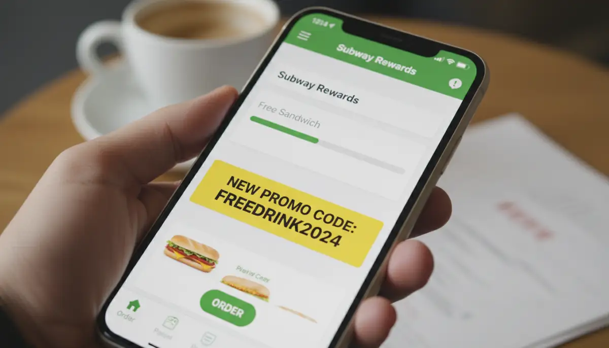 A smartphone screen displaying the Subway app with a loyalty program progress bar and a notification for a new promo code., high-quality photography, professional lighting, sharp focus, realistic, detailed