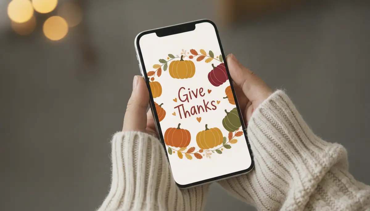 A smartphone screen showcasing a vibrant cute Thanksgiving wallpaper background featuring minimalist gourds and a 'Give Thanks' message, held in hands wrapped in a chunky knit sweater., high-quality photography, professional lighting, sharp focus, realistic, detailed