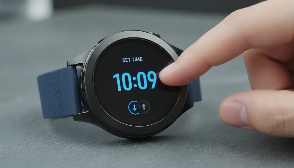 A smartwatch displaying a time setting interface, with a hand interacting with the touchscreen, representing Accutime interactive models., high-quality photography, professional lighting, sharp focus, realistic, detailed