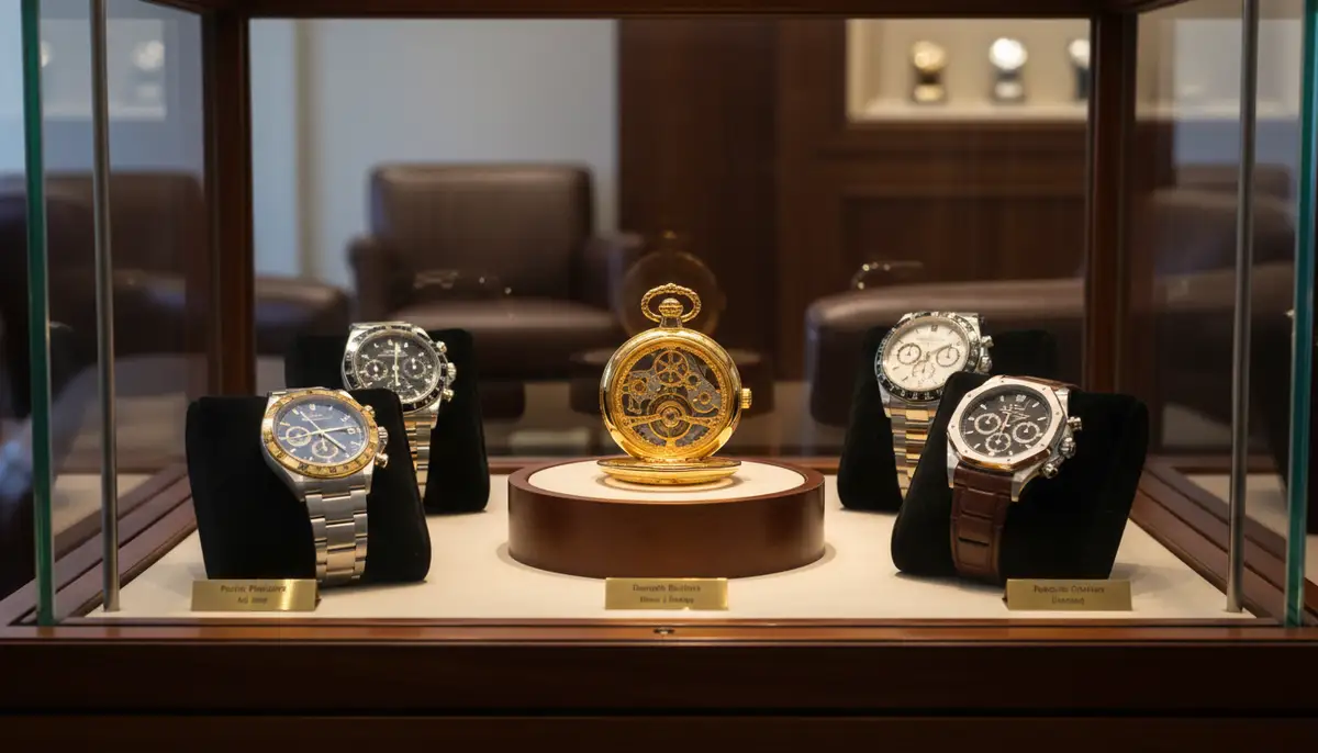 A sophisticated display case showcasing several high-end collectible watches, with the Joseph Bulova 24k gold watch prominently featured in the center, bathed in warm light., high-quality photography, professional lighting, sharp focus, realistic, detailed