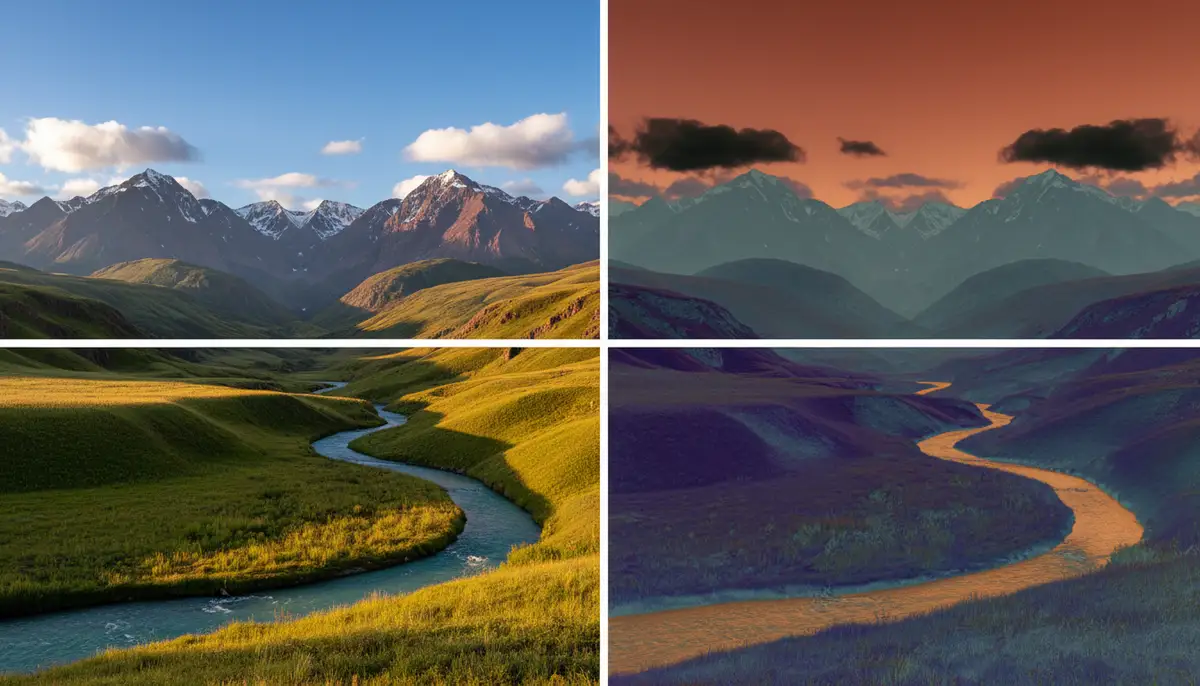 A split image demonstrating before and after color inversion on a vibrant landscape photo, showcasing the dramatic transformation., high-quality photography, professional lighting, sharp focus, realistic, detailed