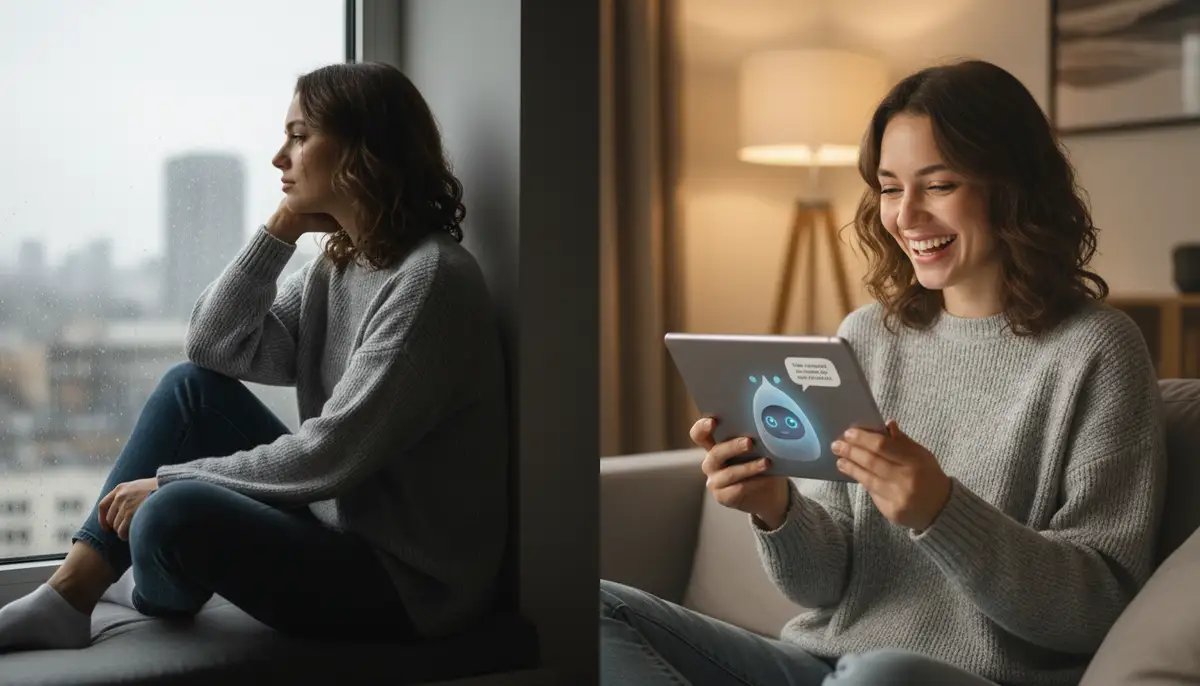 A split image: one side shows a person looking contemplative or lonely, the other side shows the same person smiling and engaged while interacting with an AI companion on a tablet, illustrating emotional support., high-quality photography, professional lighting, sharp focus, realistic, detailed
