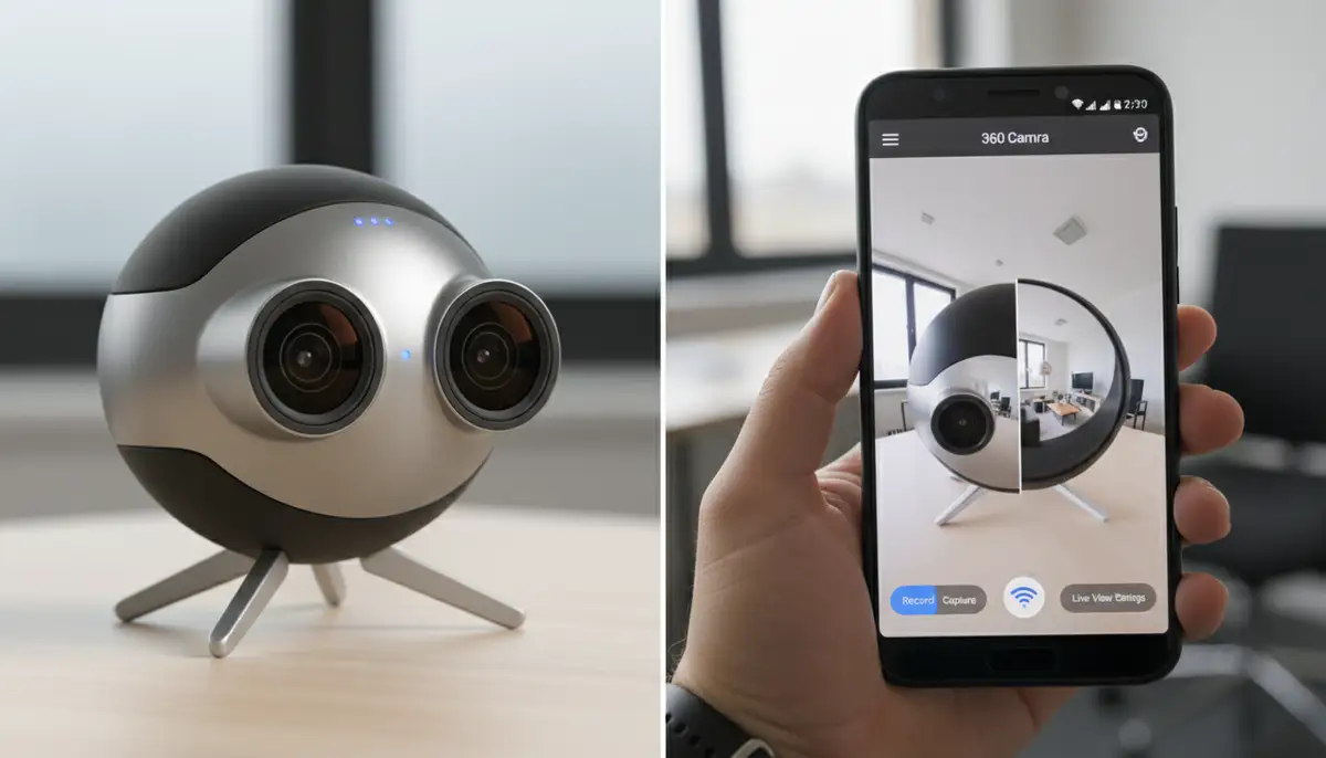 A split image showing a 360-degree camera device on one side and an Android phone displaying the camera's companion app interface on the other, connected wirelessly., high-quality photography, professional lighting, sharp focus, realistic, detailed