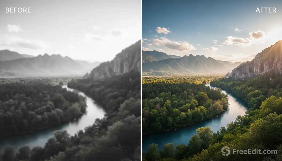 A split image showing a 'before' dull photo and an 'after' dramatically improved photo, edited using a free online tool, highlighting color correction and sharpness., high-quality photography, professional lighting, sharp focus, realistic, detailed