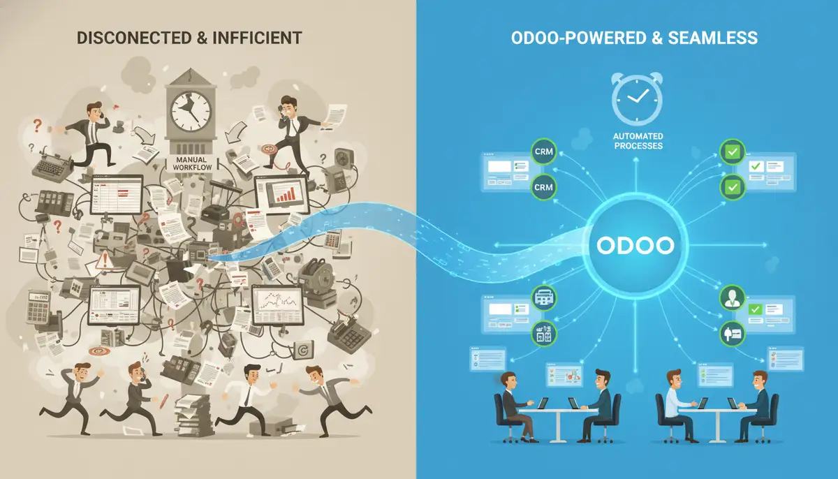 A split image showing a chaotic, disconnected business process on one side and a streamlined, efficient Odoo-powered operation on the other, with data flowing seamlessly.