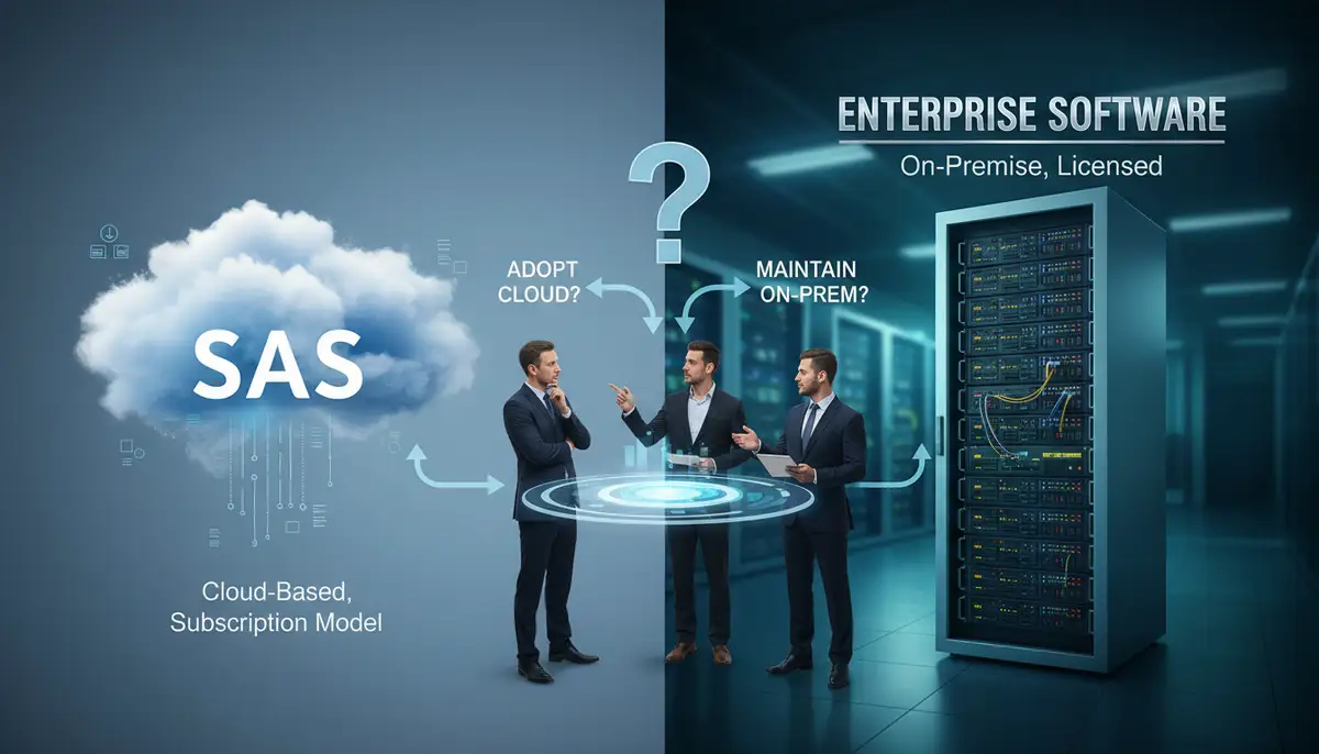A split image showing a cloud on one side representing SaaS and a server rack on the other representing enterprise software, with business people making a decision in the middle.