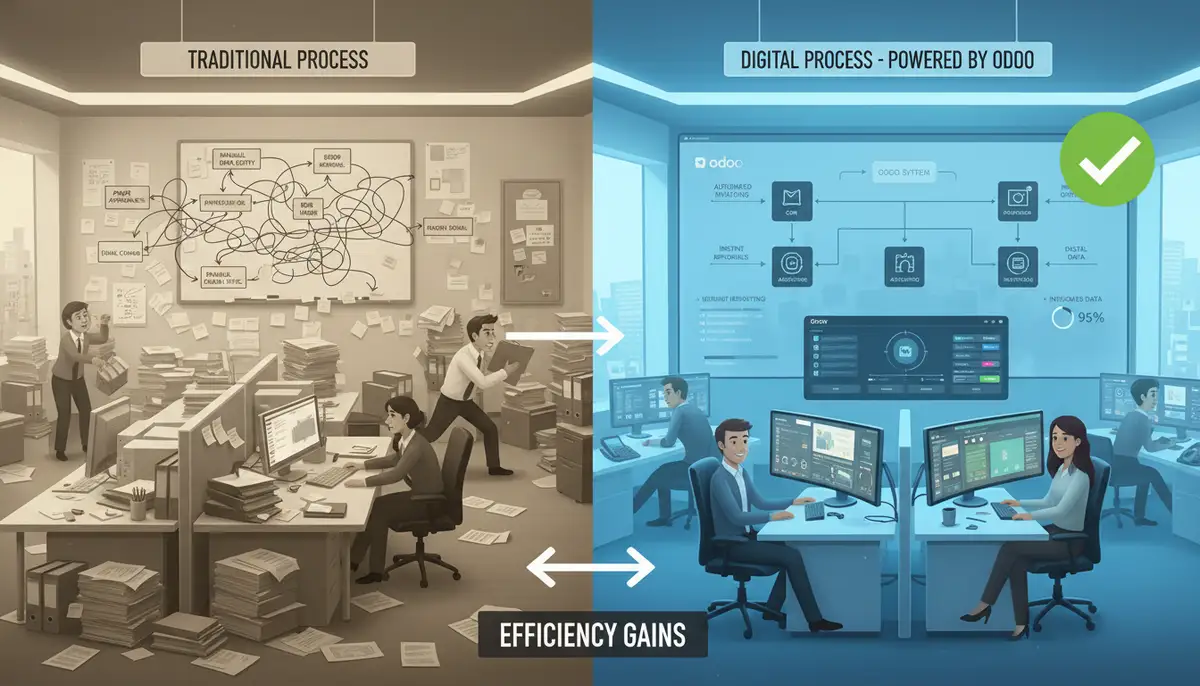 A split image showing a cluttered, inefficient traditional business process on one side and a streamlined, automated digital process powered by Odoo on the other, highlighting efficiency gains.