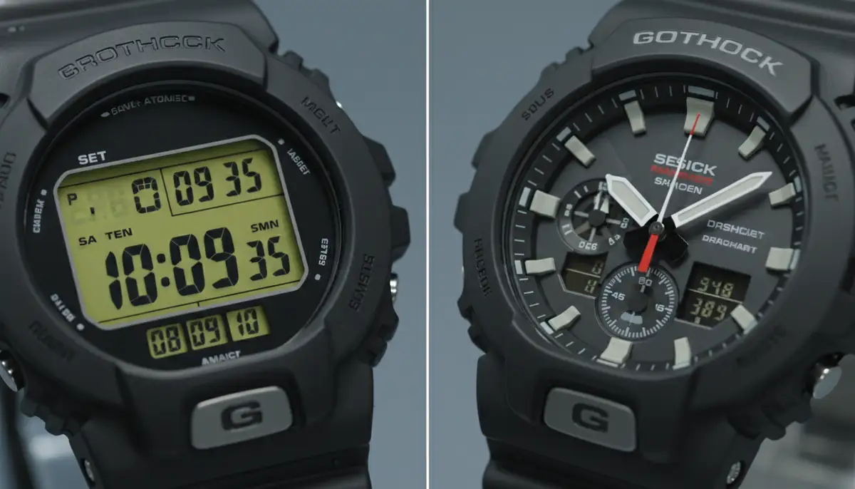 A split image showing a digital G-SHOCK display changing numbers during time setting, next to an analog G-SHOCK with hands moving., high-quality photography, professional lighting, sharp focus, realistic, detailed
