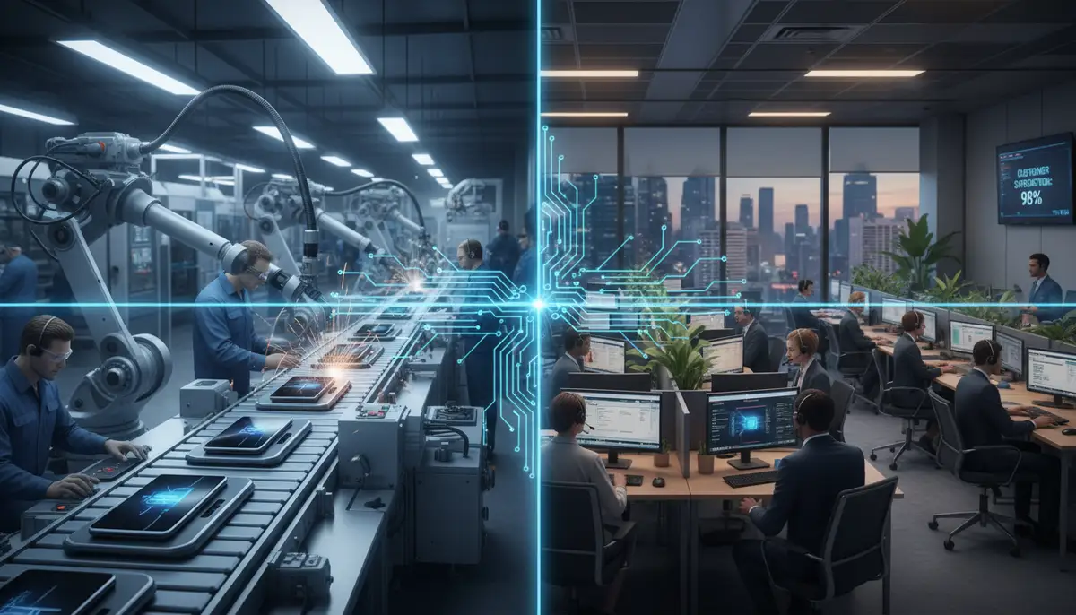 A split image showing a manufacturing line on one side and a customer service call center on the other, symbolizing the distinct yet interconnected roles of production and operations.