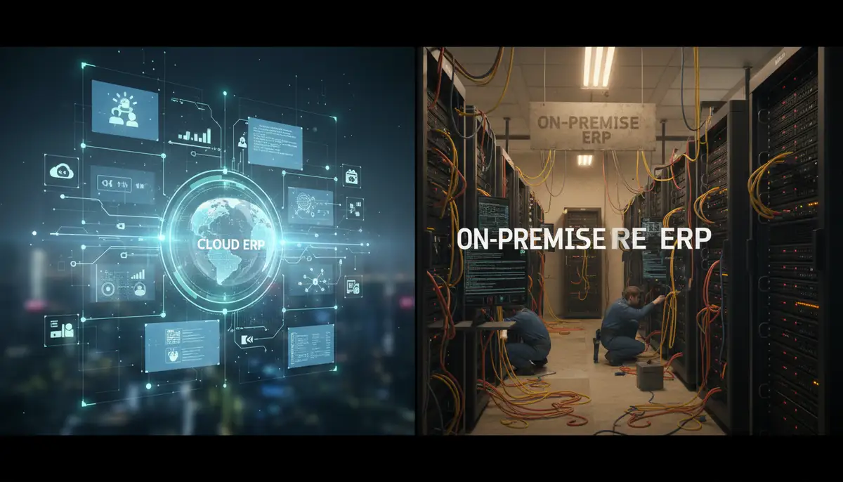 A split image showing a modern, agile cloud interface on one side and a complex, on-premise server room on the other, representing the contrast of cloud ERP vs traditional ERP.