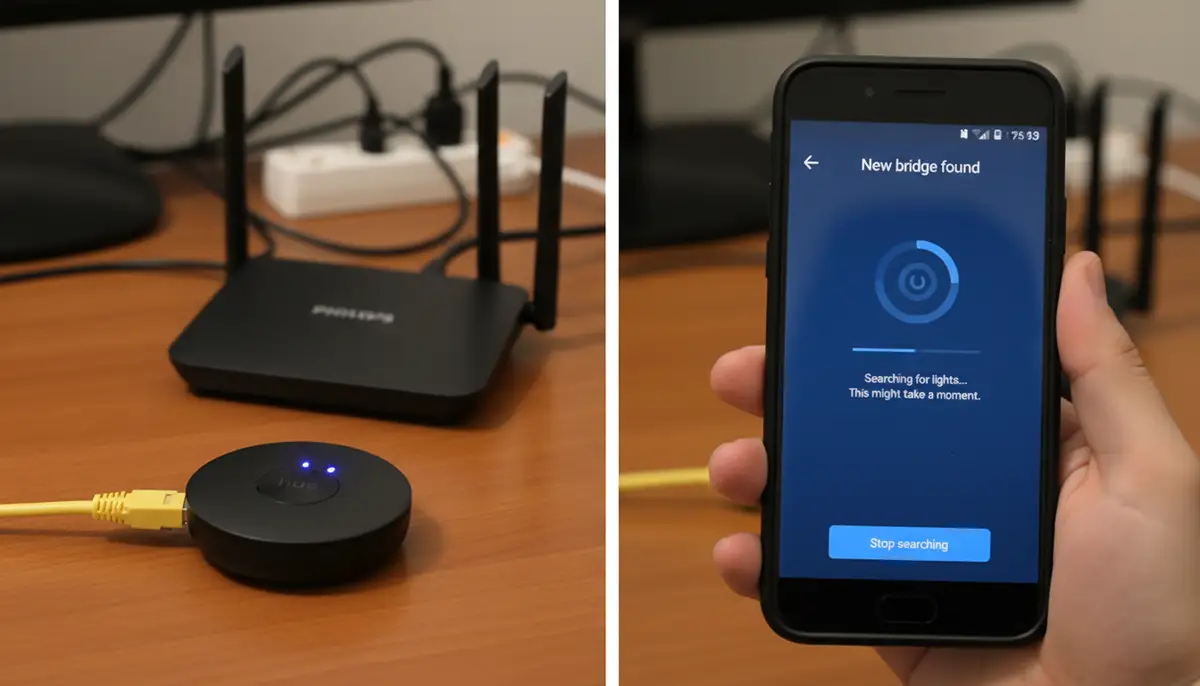 A split image showing a Philips Hue bridge connected to a router on one side, and an Android phone screen displaying the Hue app's device discovery process on the other., high-quality photography, professional lighting, sharp focus, realistic, detailed