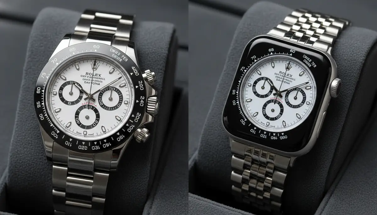 A split image showing a real Rolex Daytona watch on one side and an Apple Watch with a perfectly matched Rolex Daytona face on the other, highlighting the striking resemblance., high-quality photography, professional lighting, sharp focus, realistic, detailed