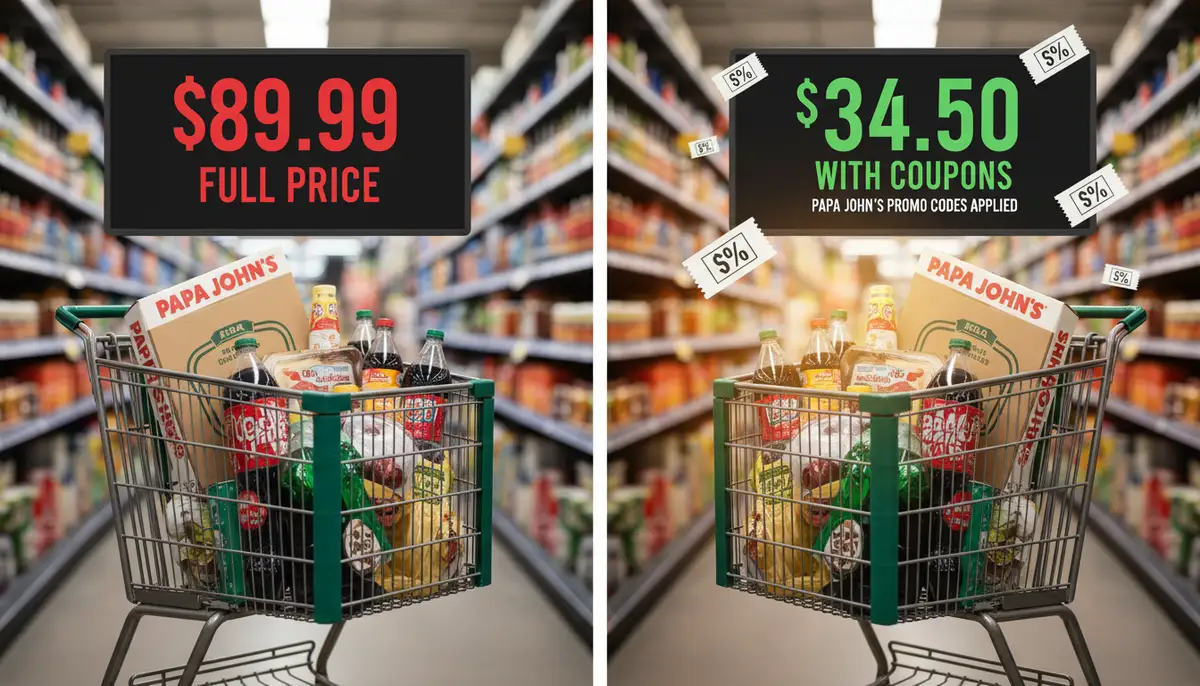 A split image showing a shopping cart with full price on one side and a significantly lower price after applying Papa John's coupons promo codes on the other, emphasizing savings., high-quality photography, professional lighting, sharp focus, realistic, detailed
