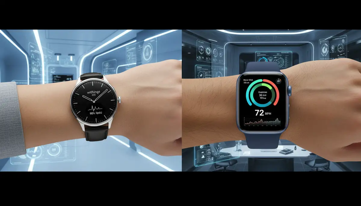 A split image showing a sleek, classic-looking Withings ScanWatch 2 on one wrist and a modern, vibrant Apple Watch Series 10 on another wrist, both displaying health metrics in a futuristic setting., high-quality photography, professional lighting, sharp focus, realistic, detailed