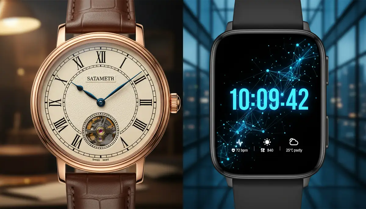 A split image showing a traditional analog watch dial on one side and a modern smartwatch display on the other, highlighting the contrast and evolution of timekeeping., high-quality photography, professional lighting, sharp focus, realistic, detailed