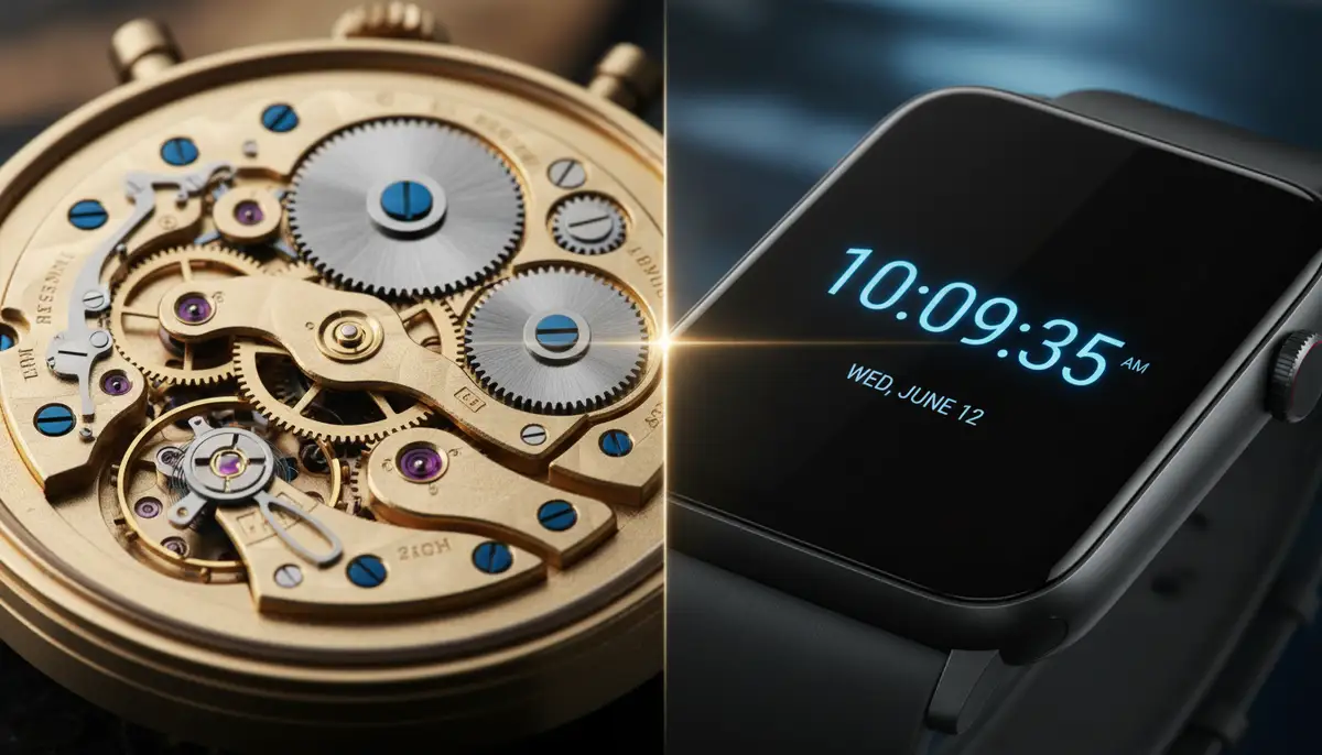A split image showing a traditional mechanical chronometer movement on one side and a sleek, modern digital smartwatch display showing precise time on the other, symbolizing evolution., high-quality photography, professional lighting, sharp focus, realistic, detailed