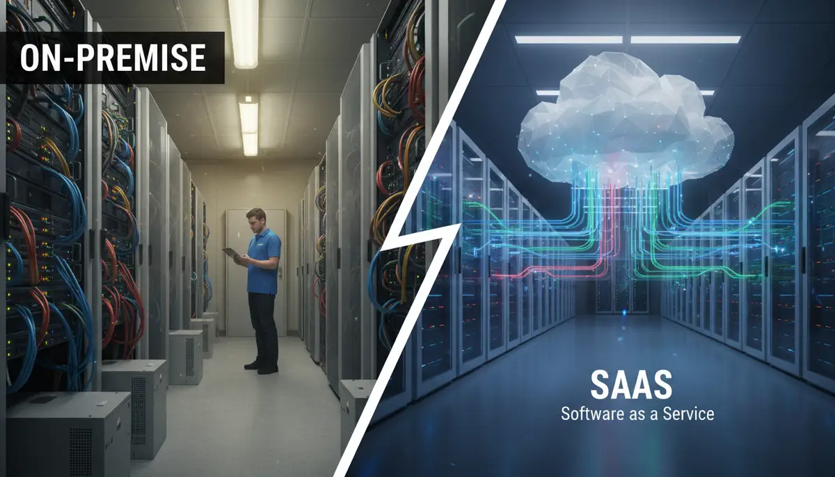 A split image showing a traditional server room on one side and a modern cloud data center with abstract data flows on the other, representing on-premise vs SaaS.