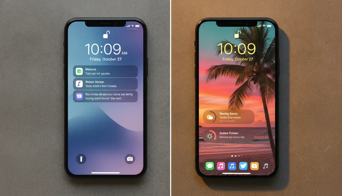 A split image showing an iPhone's lock screen before and after customization, highlighting the transformation from a default background to a vibrant, personalized iphone lock screen background., high-quality photography, professional lighting, sharp focus, realistic, detailed