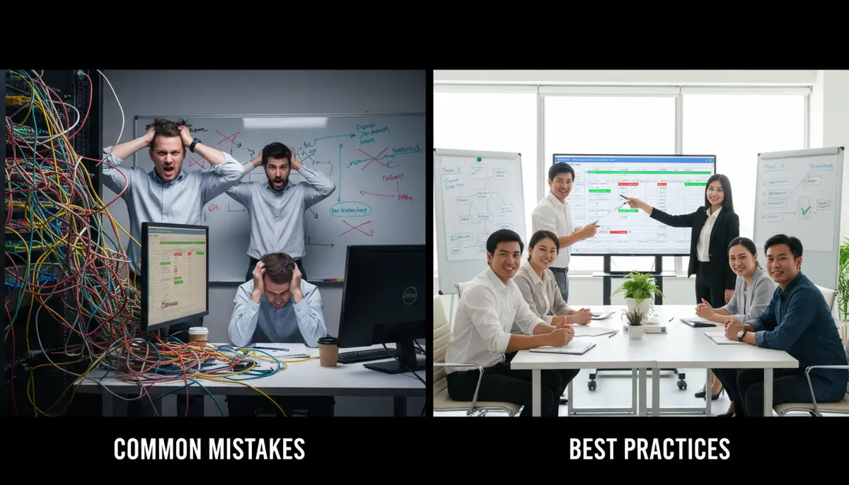 A split image showing common ERP implementation mistakes on one side (tangled wires, frustrated faces) and best practices on the other (organized project plan, smiling team), highlighting clear contrasts.