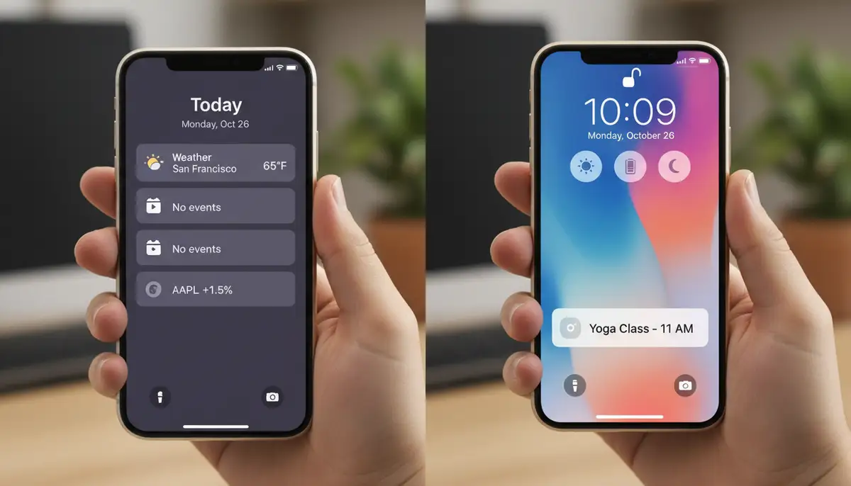 A split image showing on the left, an iPhone 8 displaying its 'Today View' widgets, and on the right, a newer iPhone (iOS 16+) showcasing its fully customizable Lock Screen widgets, highlighting the difference., high-quality photography, professional lighting, sharp focus, realistic, detailed