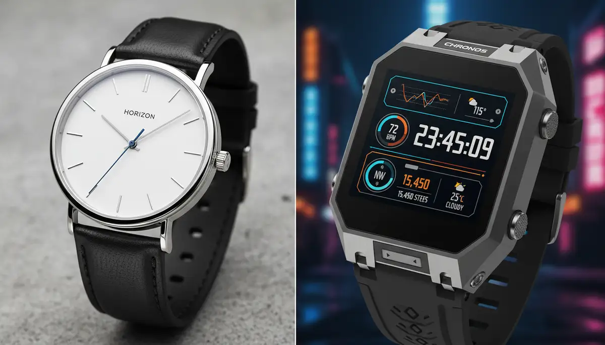 A split image showing one half with a sleek, minimalist analog watch and the other half with a futuristic, feature-rich digital watch, highlighting their contrasting aesthetics., high-quality photography, professional lighting, sharp focus, realistic, detailed
