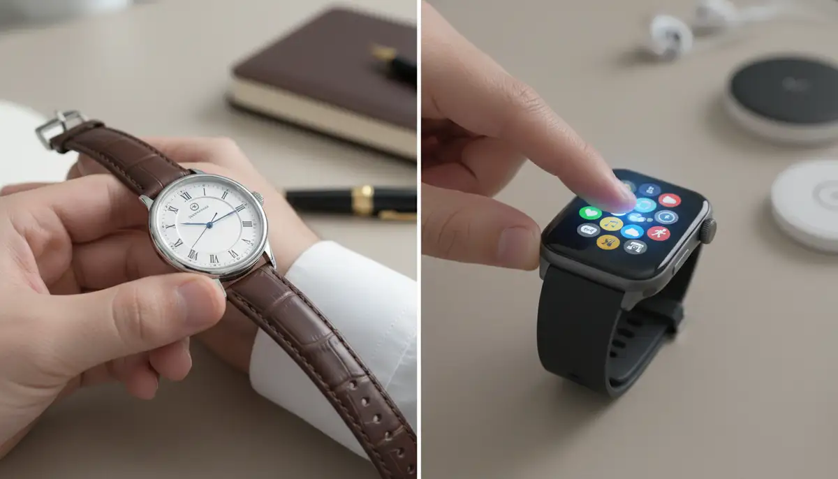 A split image showing one hand adjusting a traditional analog watch strap and another hand swiping through smartwatch apps, symbolizing the smart watch vs analog watch comparison., high-quality photography, professional lighting, sharp focus, realistic, detailed