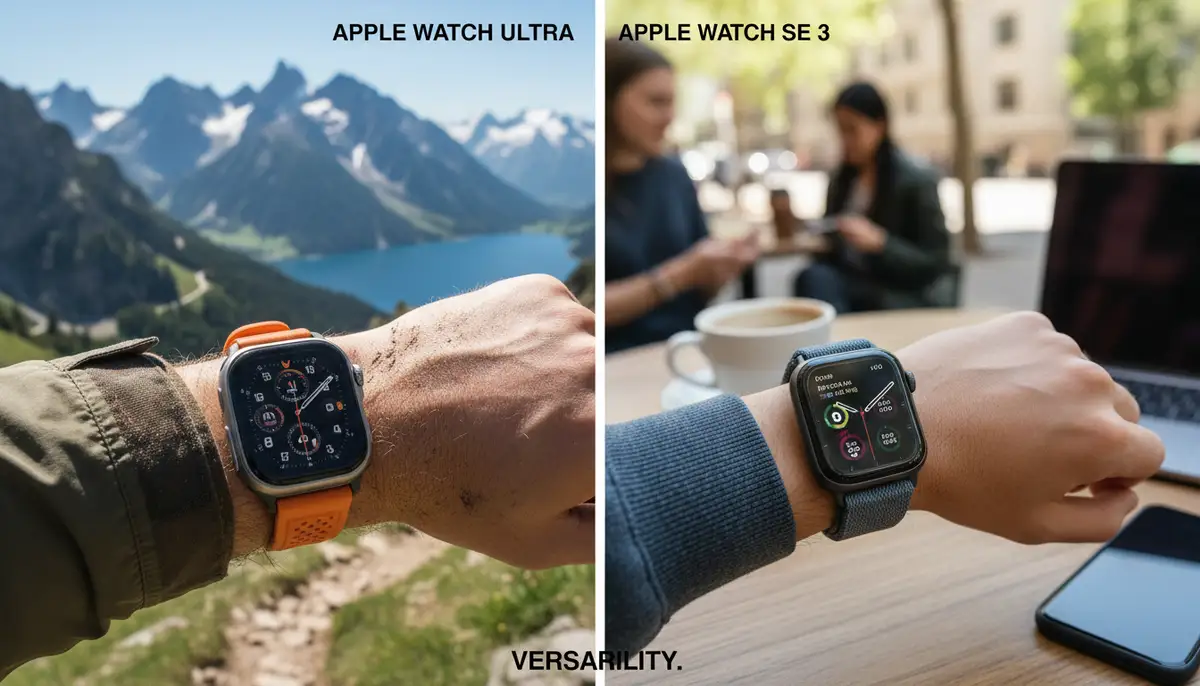 A split image showing the Apple Watch Ultra 3 in a rugged outdoor environment and the Apple Watch SE 3 in a casual daily setting, emphasizing versatility., high-quality photography, professional lighting, sharp focus, realistic, detailed