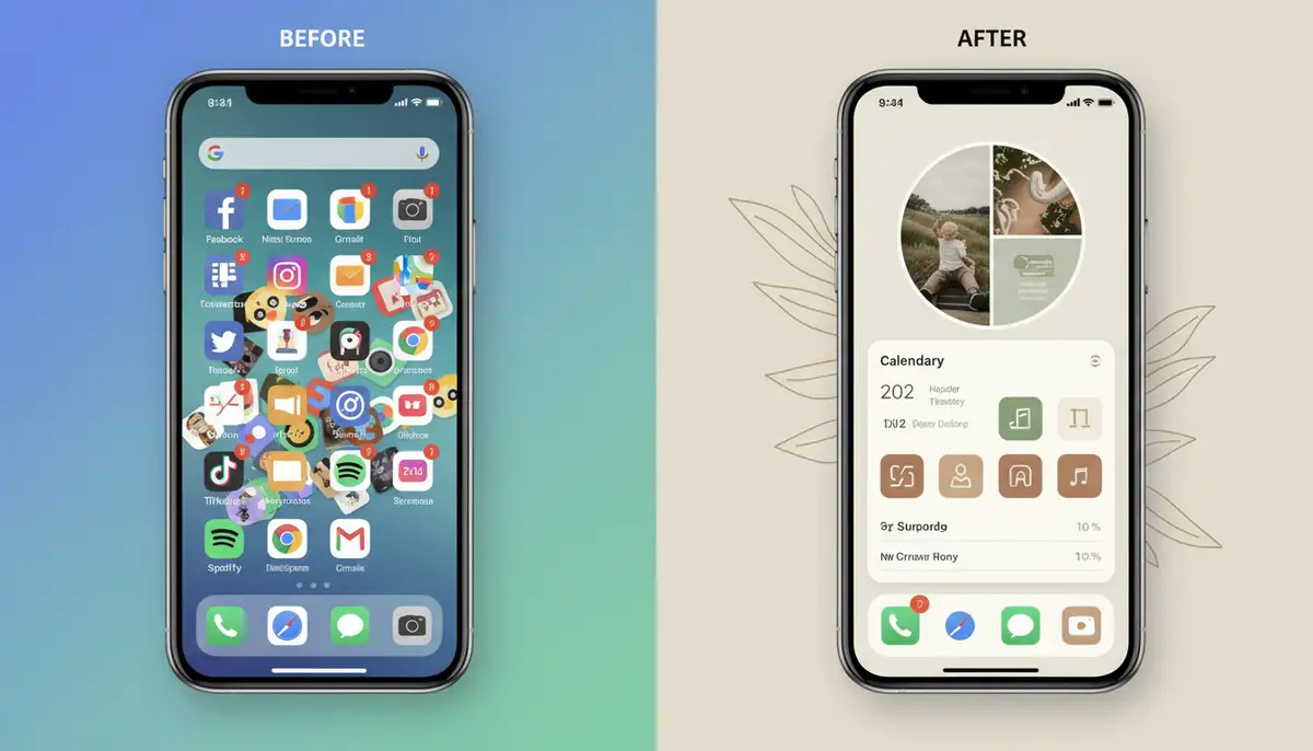A split image showing the contrast between a cluttered, default smartphone home screen and a beautifully organized, themed home screen using various aesthetic widgets, highlighting the 'before and after' transformation., high-quality photography, professional lighting, sharp focus, realistic, detailed
