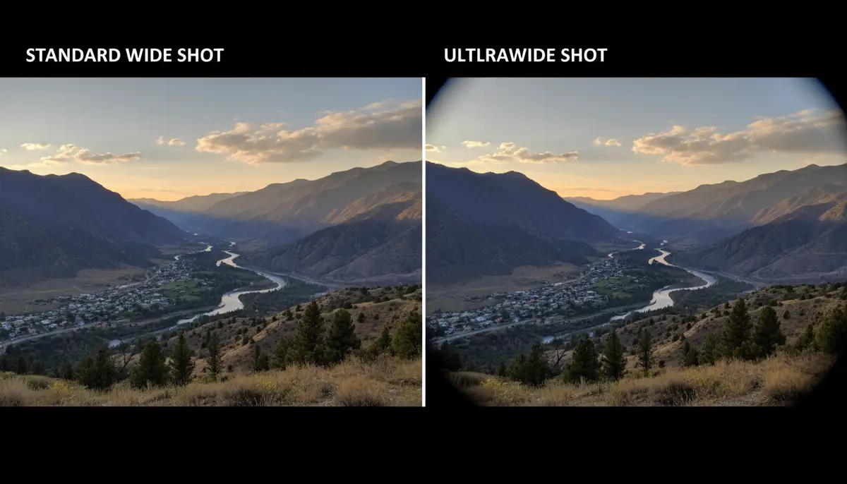 A split image showing the difference between a standard wide shot and an ultrawide shot taken with an Android 3 camera, highlighting expansive views., high-quality photography, professional lighting, sharp focus, realistic, detailed