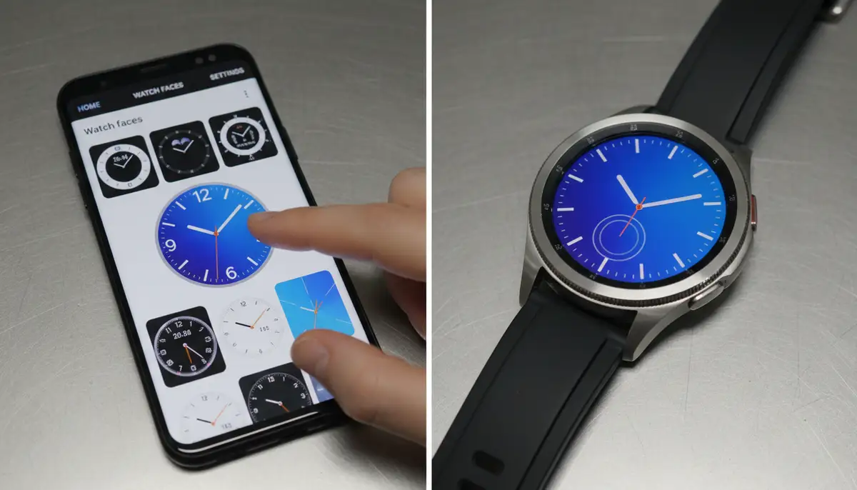 A split image showing the Galaxy Wearable app on a smartphone on one side and a Galaxy Watch on the other, both displaying the process of selecting and applying a new watch face., high-quality photography, professional lighting, sharp focus, realistic, detailed