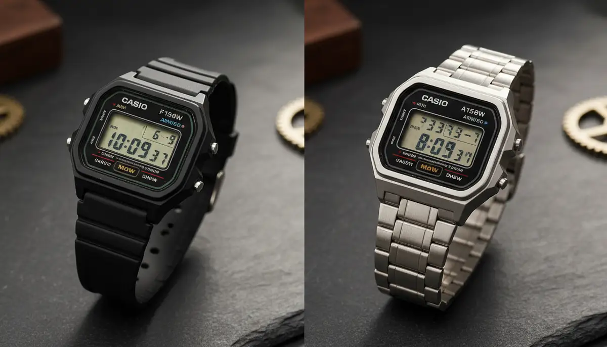 A split image showing two different Casio digital watches side-by-side, one displaying correct time and the other showing an incorrect time, with a question mark icon., high-quality photography, professional lighting, sharp focus, realistic, detailed