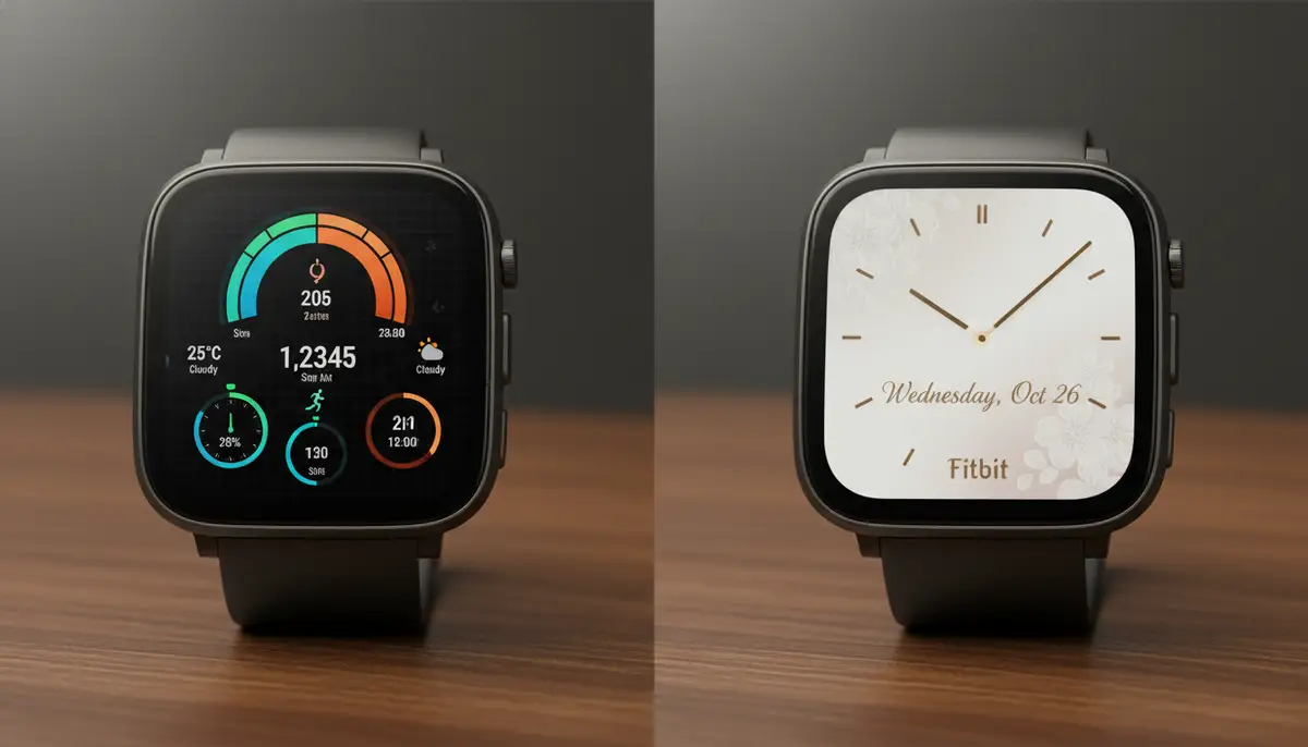 A split image showing two different Fitbit watch faces side-by-side: one with complex data and graphics, and another with a simple, elegant design, illustrating variety., high-quality photography, professional lighting, sharp focus, realistic, detailed