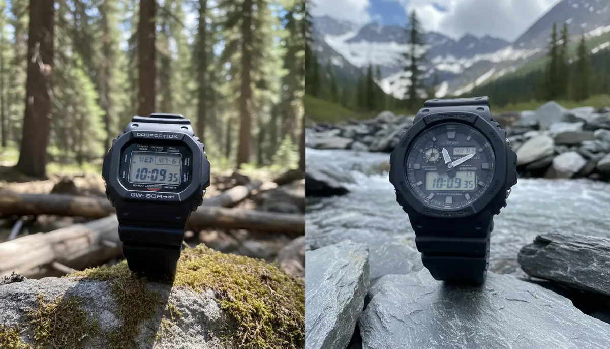 A split image showing two G-Shock watches: one digital and one analog-digital, both displaying correct time, against a rugged outdoor backdrop., high-quality photography, professional lighting, sharp focus, realistic, detailed