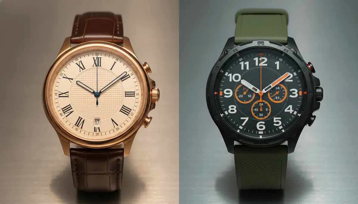 A split image showing two smartwatches side-by-side; one with a classic, elegant analog watch face, the other with a sporty, functional analog watch face., high-quality photography, professional lighting, sharp focus, realistic, detailed