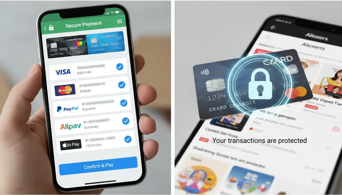 A split image showing various payment methods (credit cards, digital wallets) securely integrated within the AliExpress app interface, emphasizing trust and security., high-quality photography, professional lighting, sharp focus, realistic, detailed