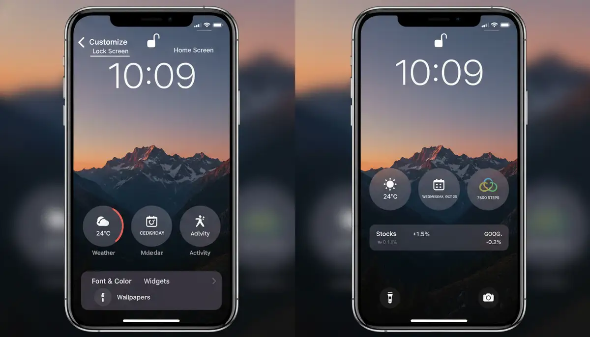 A split screen image on an iPhone, showing the Lock Screen customization interface on one side and a personalized Lock Screen with custom widgets on the other., high-quality photography, professional lighting, sharp focus, realistic, detailed