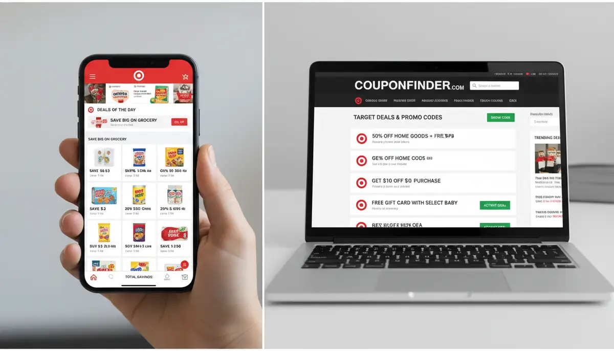 A split screen image showing a smartphone displaying the Target app with active digital coupons on one side, and a laptop screen showing a third-party coupon website with Target deals on the other. Both screens are vibrant and clear., high-quality photography, professional lighting, sharp focus, realistic, detailed