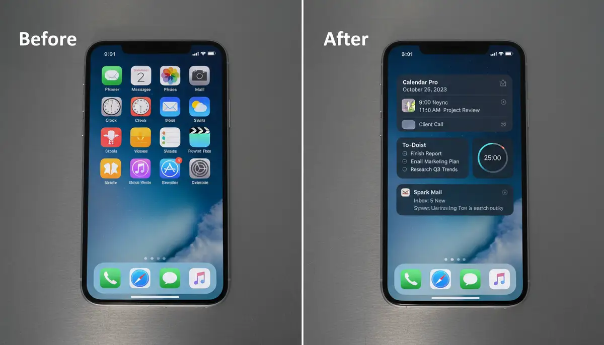 A split screen image showing an iPhone before and after adding a selection of productivity app widgets, highlighting the visual and functional improvement., high-quality photography, professional lighting, sharp focus, realistic, detailed