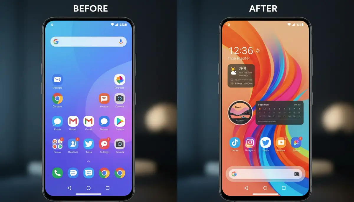 A split screen image showing before and after customization of an Android home screen, with the 'before' being default and the 'after' being vibrant, organized, and functional with various widgets., high-quality photography, professional lighting, sharp focus, realistic, detailed