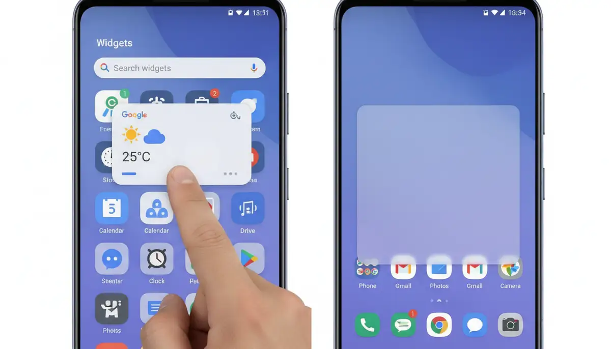A split screen image showing the 'Widgets' menu on Android, with a user dragging a weather widget onto an empty space on the home screen, illustrating the 'setting widget Android' process., high-quality photography, professional lighting, sharp focus, realistic, detailed