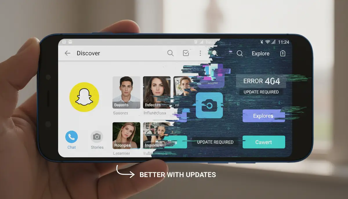 A split screen on an Android phone, one side showing a smooth, updated Snapchat interface, the other side showing a glitching, outdated version, emphasizing the benefits of updates., high-quality photography, professional lighting, sharp focus, realistic, detailed