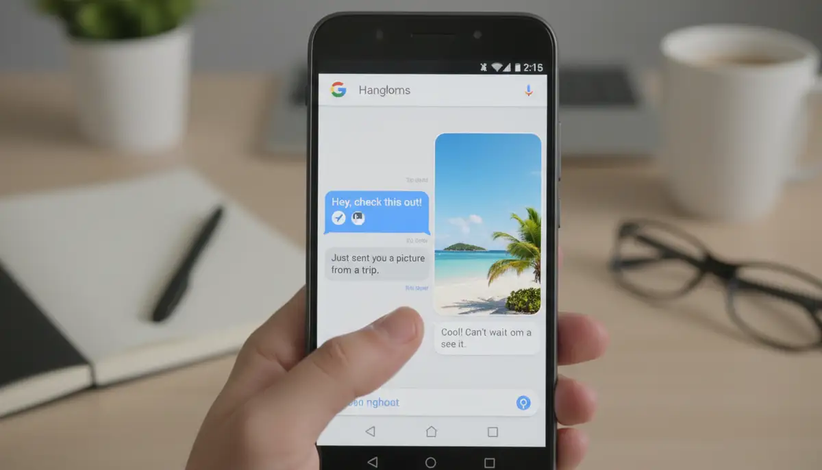 A split screen on an Android phone, one side showing a text chat in Hangouts, the other showing a shared photo, emphasizing media sharing capabilities., high-quality photography, professional lighting, sharp focus, realistic, detailed