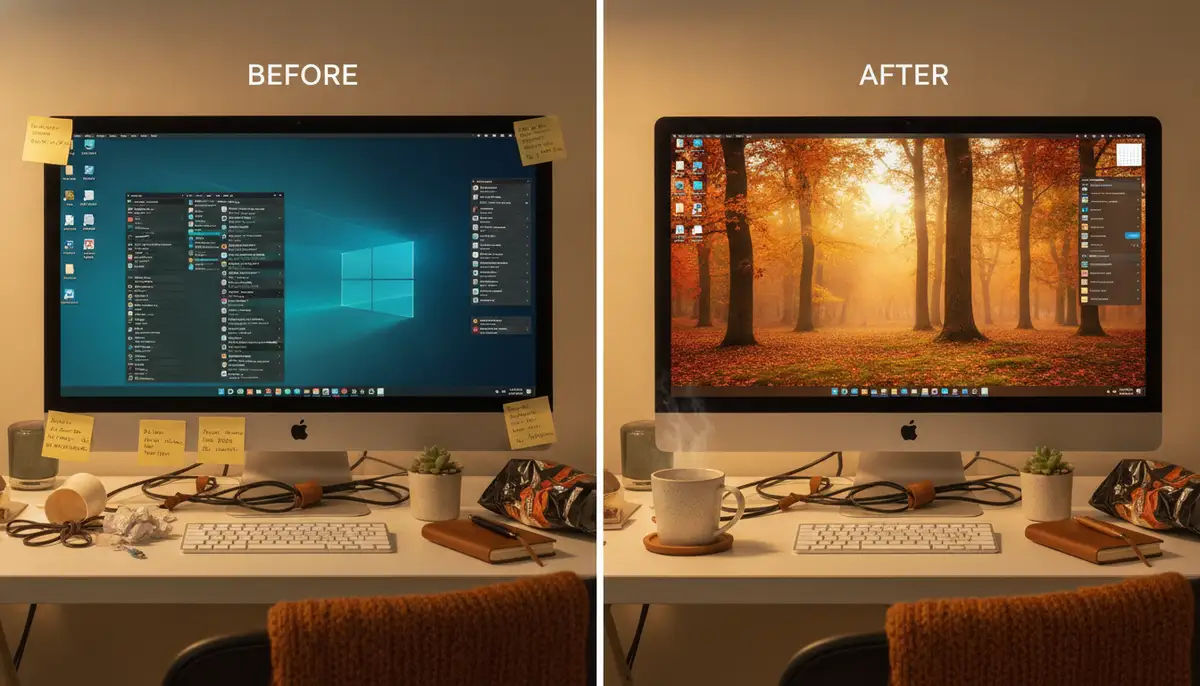 A split screen showing a 'before' and 'after' of a desktop, with the 'after' featuring a beautifully organized screen with a warm fall background., high-quality photography, professional lighting, sharp focus, realistic, detailed