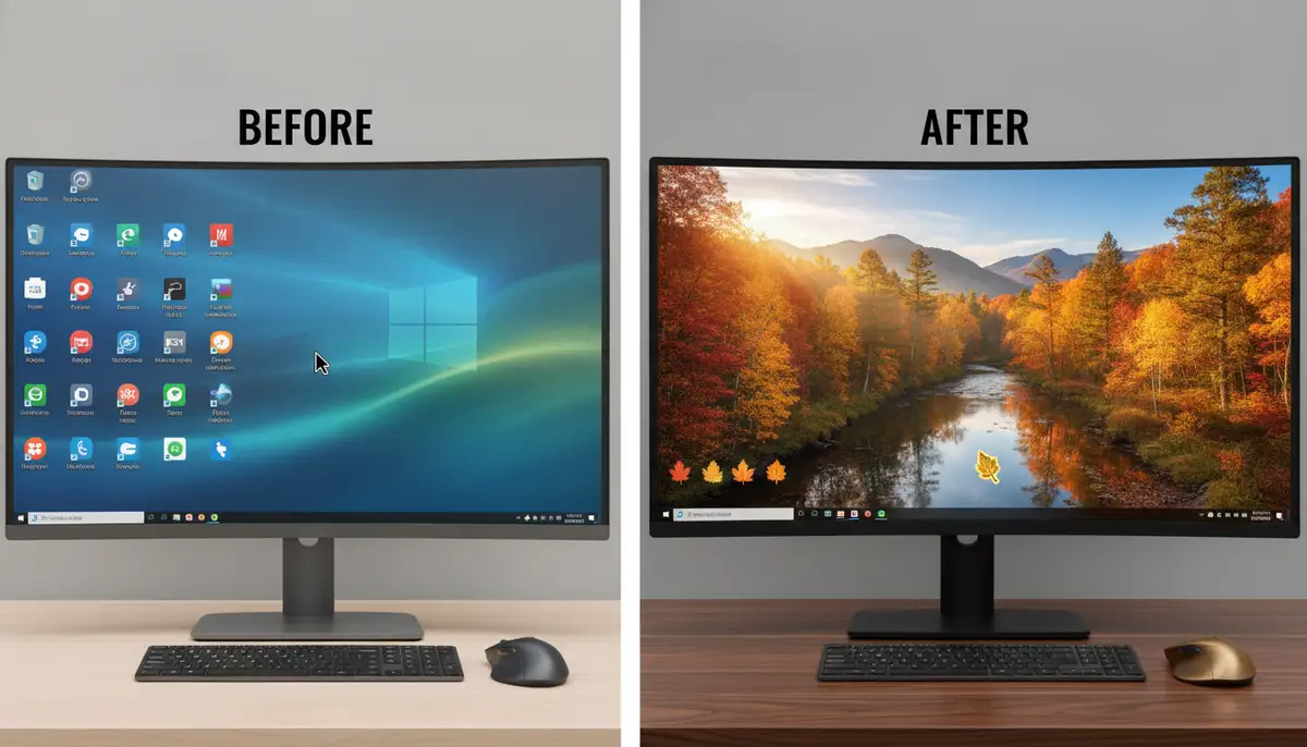 A split screen showing a 'before' desktop with a generic background and an 'after' desktop with a stunning, high-resolution fall landscape, highlighting the visual impact., high-quality photography, professional lighting, sharp focus, realistic, detailed