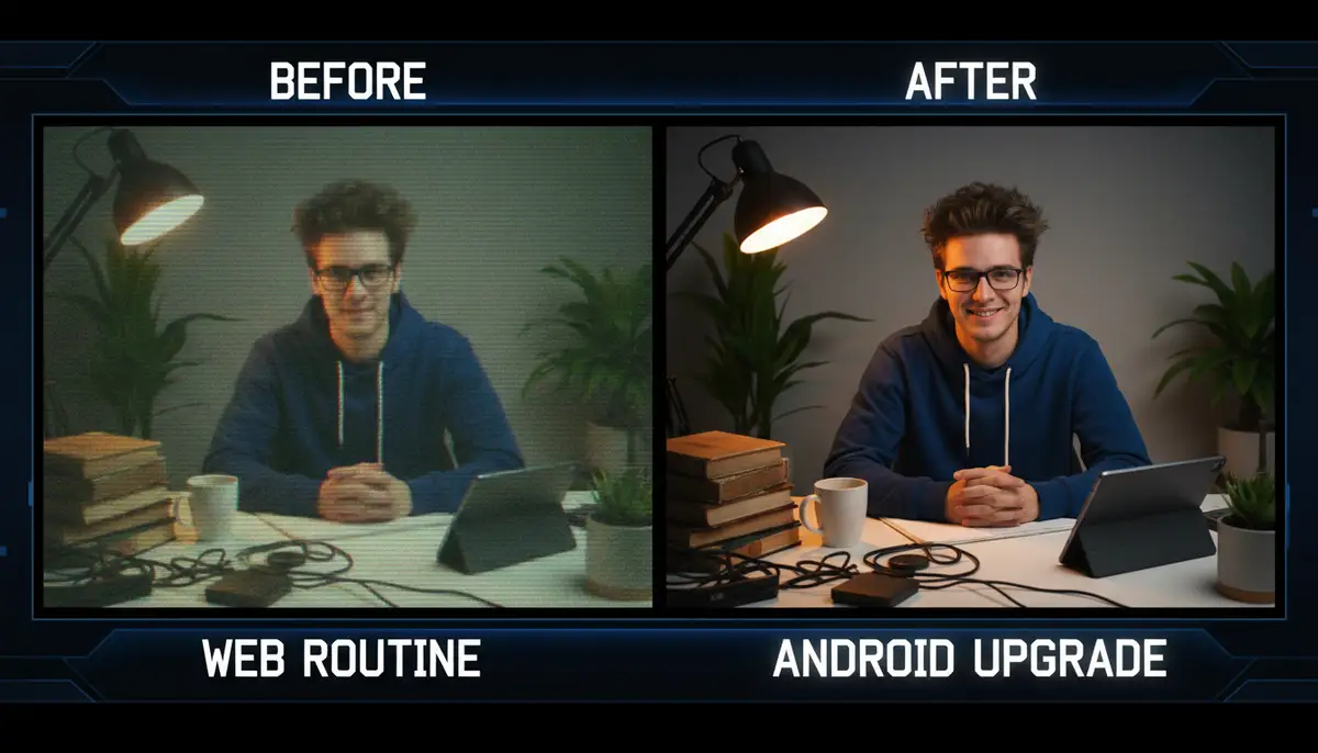 A split screen showing a 'before' image of a grainy, low-quality webcam feed and an 'after' image of a crisp, vibrant video feed from an Android camera, highlighting the difference in quality., high-quality photography, professional lighting, sharp focus, realistic, detailed